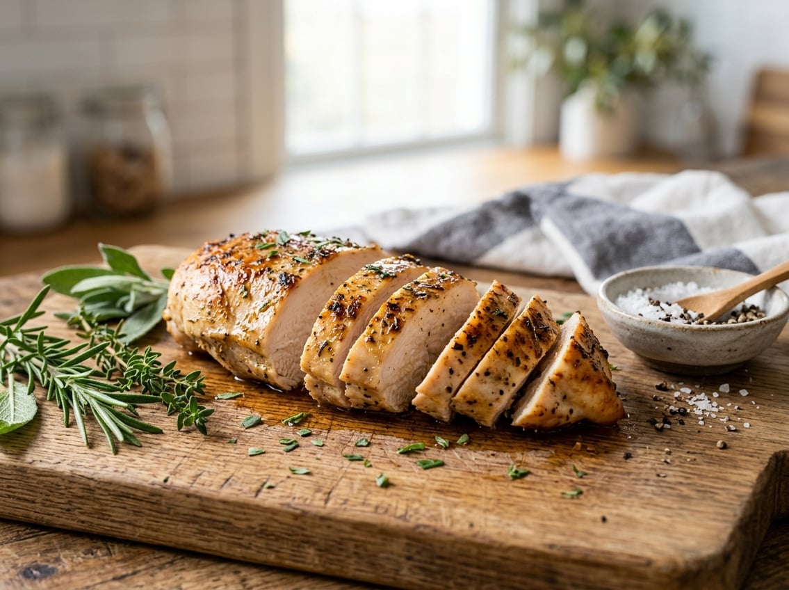 Sliced cooked chicken breast on a wooden cutting board with fresh herbs and seasoning in a kitchen setting.