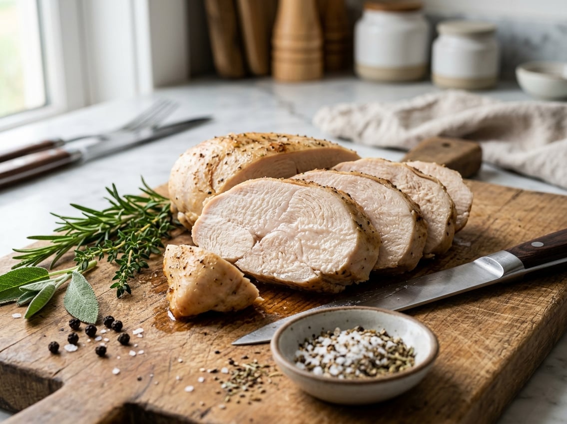 Close-up of sliced cooked chicken breast showing a firm, dense texture on a kitchen countertop with herbs and a knife nearby.