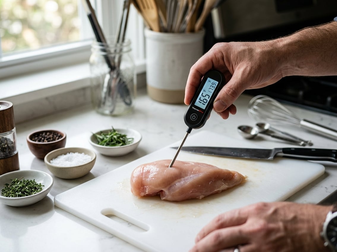 Close-up of a raw chicken breast on a cutting board with a digital meat thermometer inserted, surrounded by small bowls of spices in a kitchen setting.