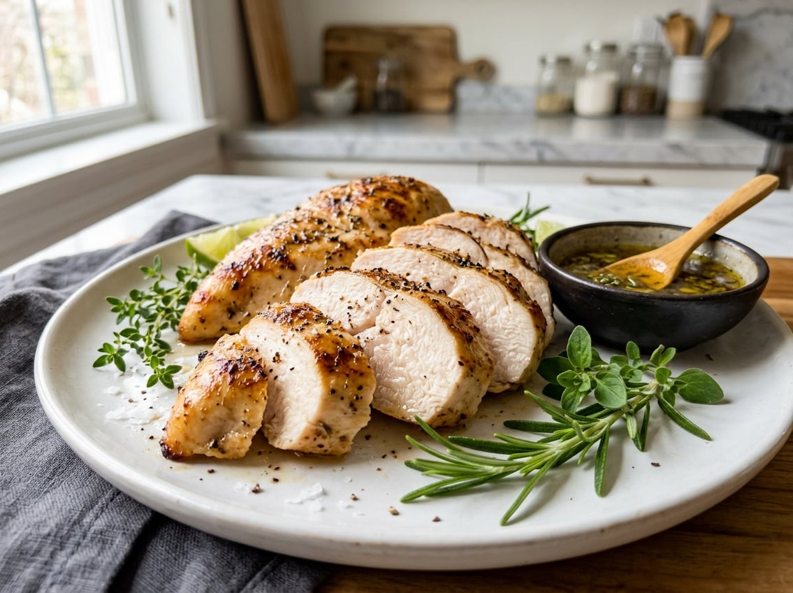 Close-up of sliced, juicy chicken breast on a plate with fresh herbs and a bowl of sauce in a kitchen setting.