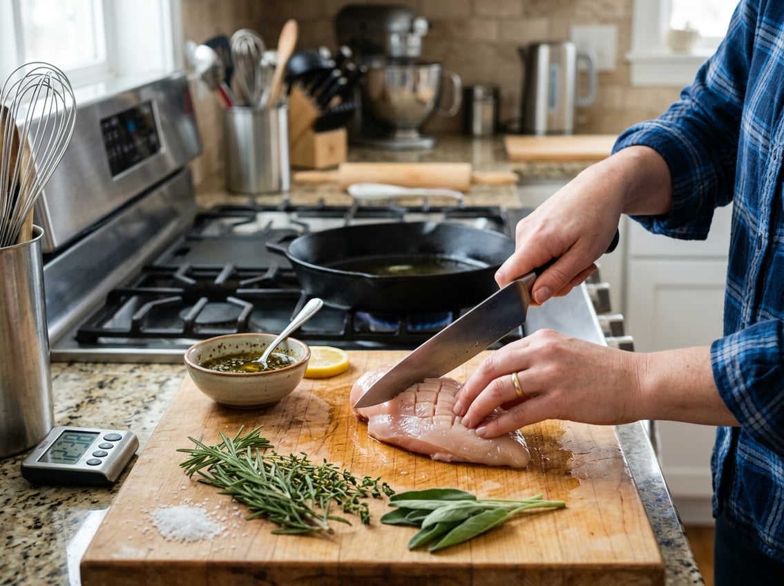 Hands tenderizing a chicken breast on a cutting board in a kitchen with fresh herbs and cooking utensils nearby.