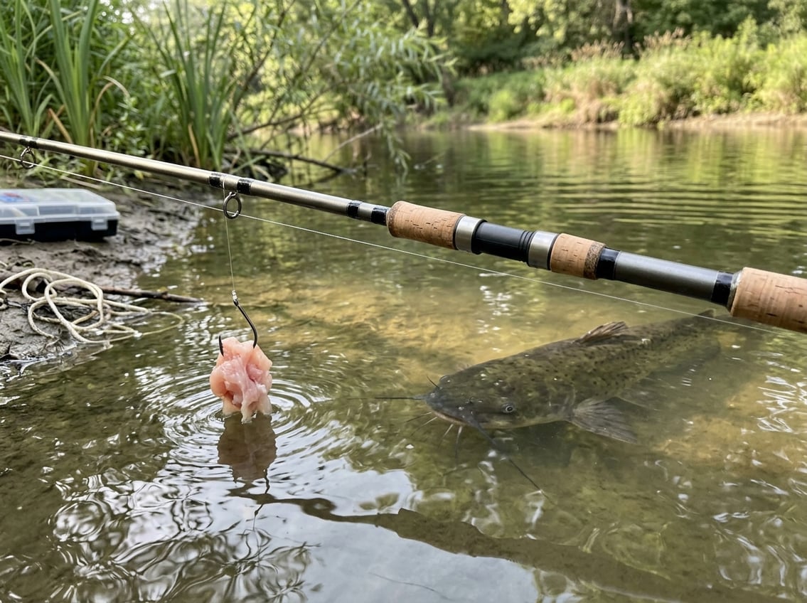 A fishing rod with raw chicken breast bait over calm water where a catfish swims nearby.
