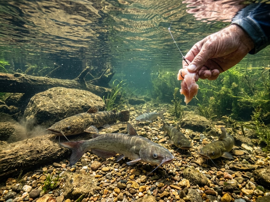 A fisherman's hand holding raw chicken breast bait over clear freshwater with several catfish visible underwater near the riverbed.