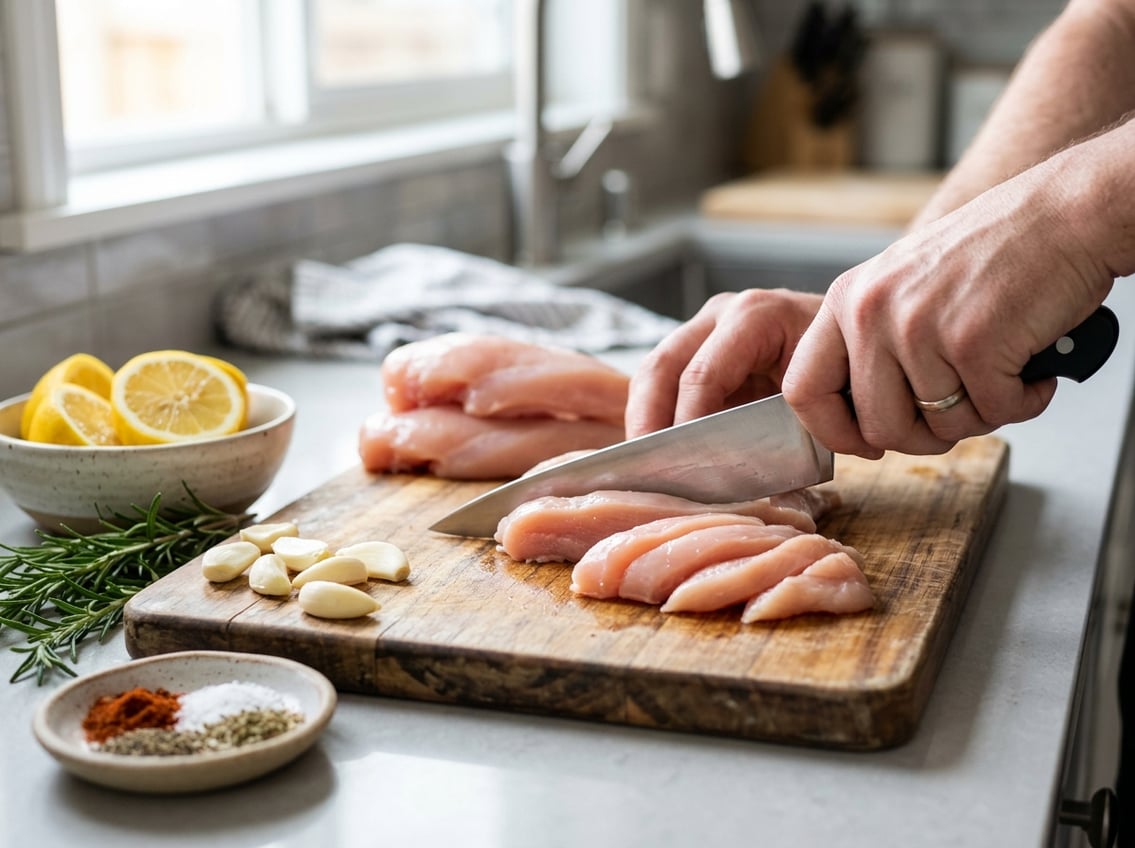 Close-up of raw chicken breasts being sliced on a wooden cutting board with fresh herbs and spices nearby.