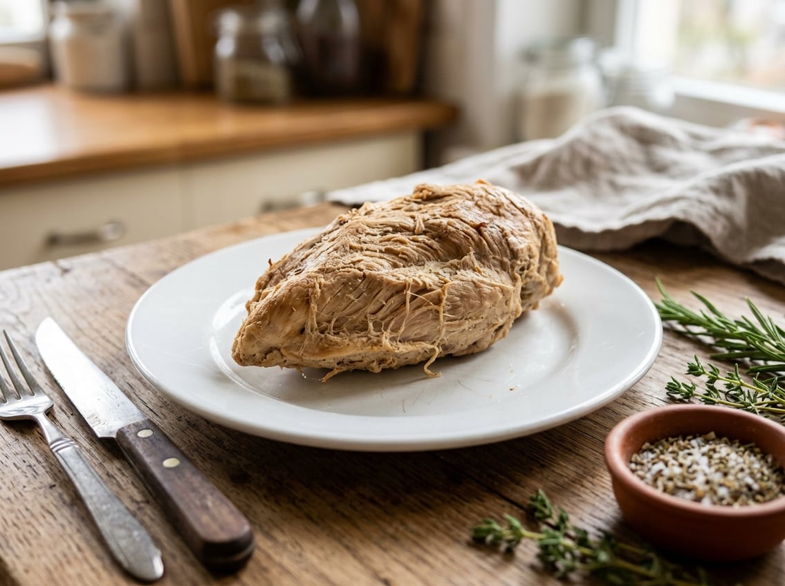 Close-up of a cooked chicken breast on a plate with kitchen utensils and herbs around it.