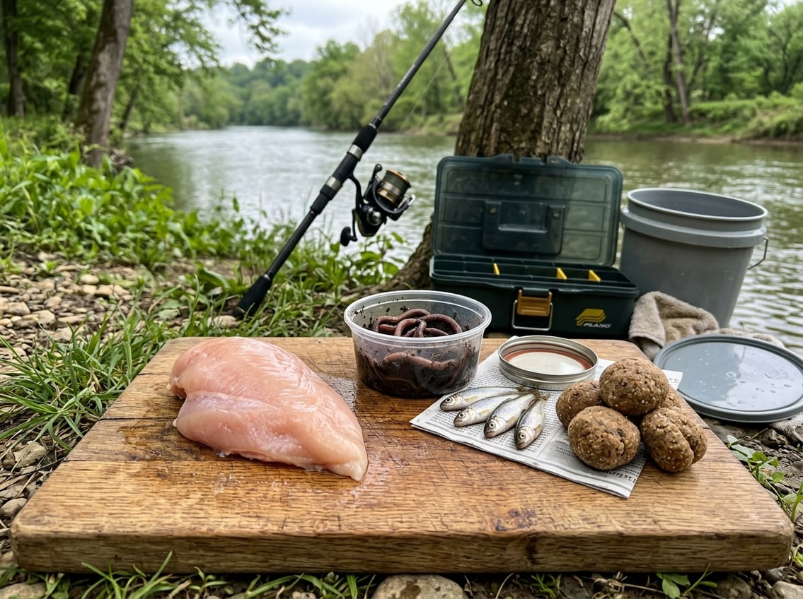 Fresh raw chicken breast and various catfish baits on a wooden board near a riverbank with fishing gear in the background.