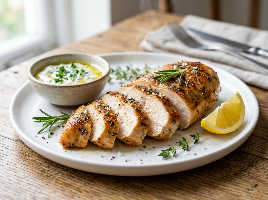 Sliced cooked chicken breast on a white plate with fresh herbs, lemon wedge, and a small bowl of sauce.