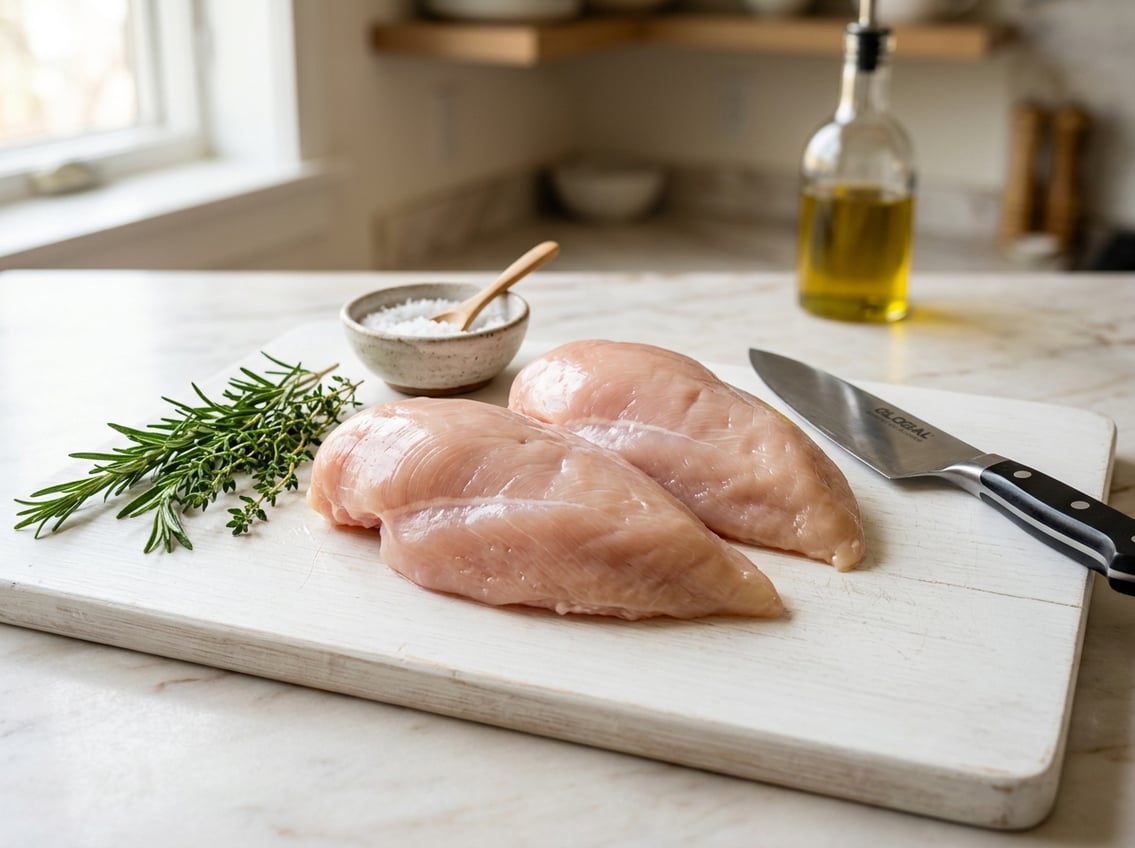 Close-up of raw chicken breasts on a cutting board with fresh herbs and a knife in a kitchen.