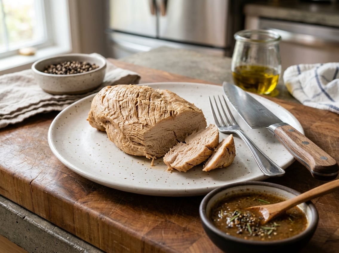 Close-up of a cooked chicken breast on a plate with kitchen utensils and a bowl of sauce on a countertop.