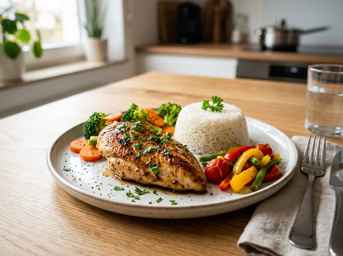 A plate with cooked chicken breast, white rice, and steamed vegetables on a dining table.