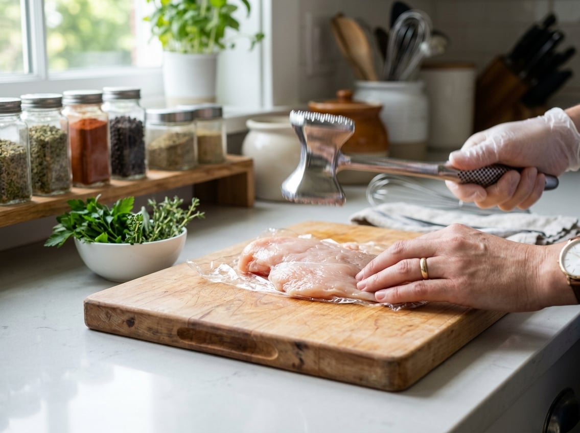 A hand flattening a raw chicken breast on a wooden cutting board using a meat mallet in a kitchen.