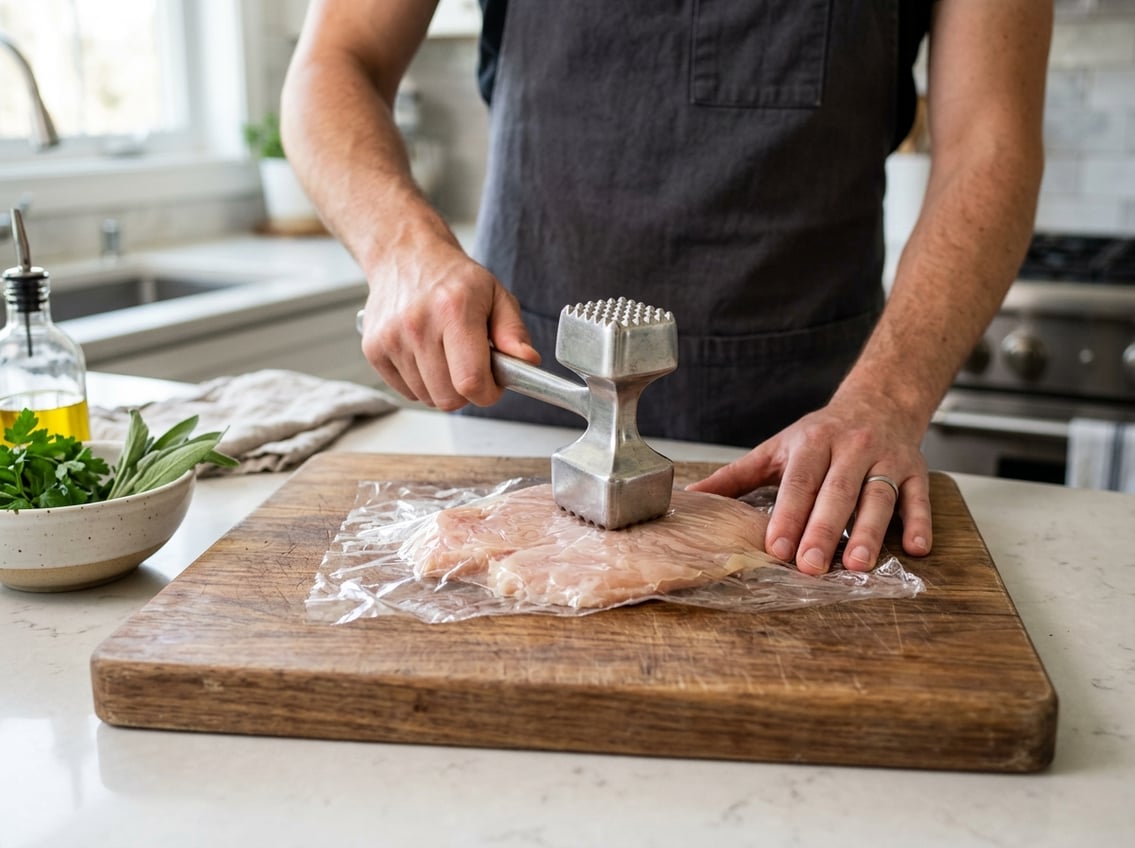Hands flattening a raw chicken breast on a cutting board using a meat mallet in a kitchen.