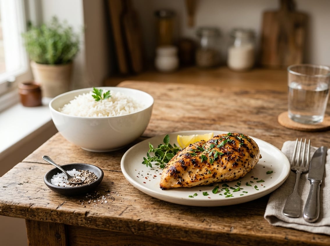 A plated grilled chicken breast served with a bowl of white rice on a wooden table with cutlery nearby.