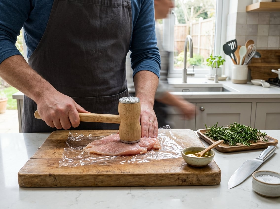 Person flattening a raw chicken breast with a meat mallet on a wooden cutting board in a bright kitchen.