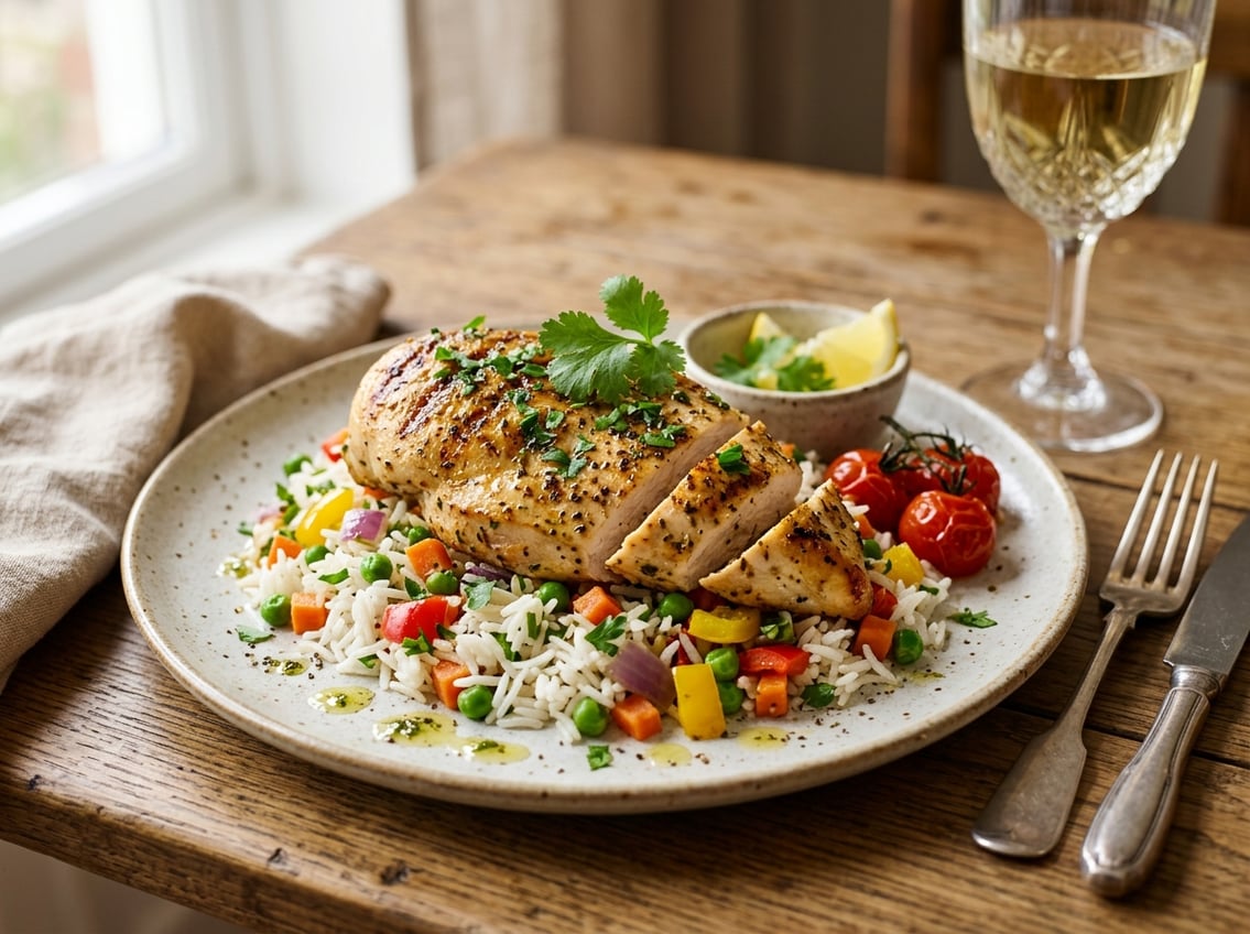A plated grilled chicken breast served on a bed of rice with mixed vegetables and fresh herbs on a wooden table.