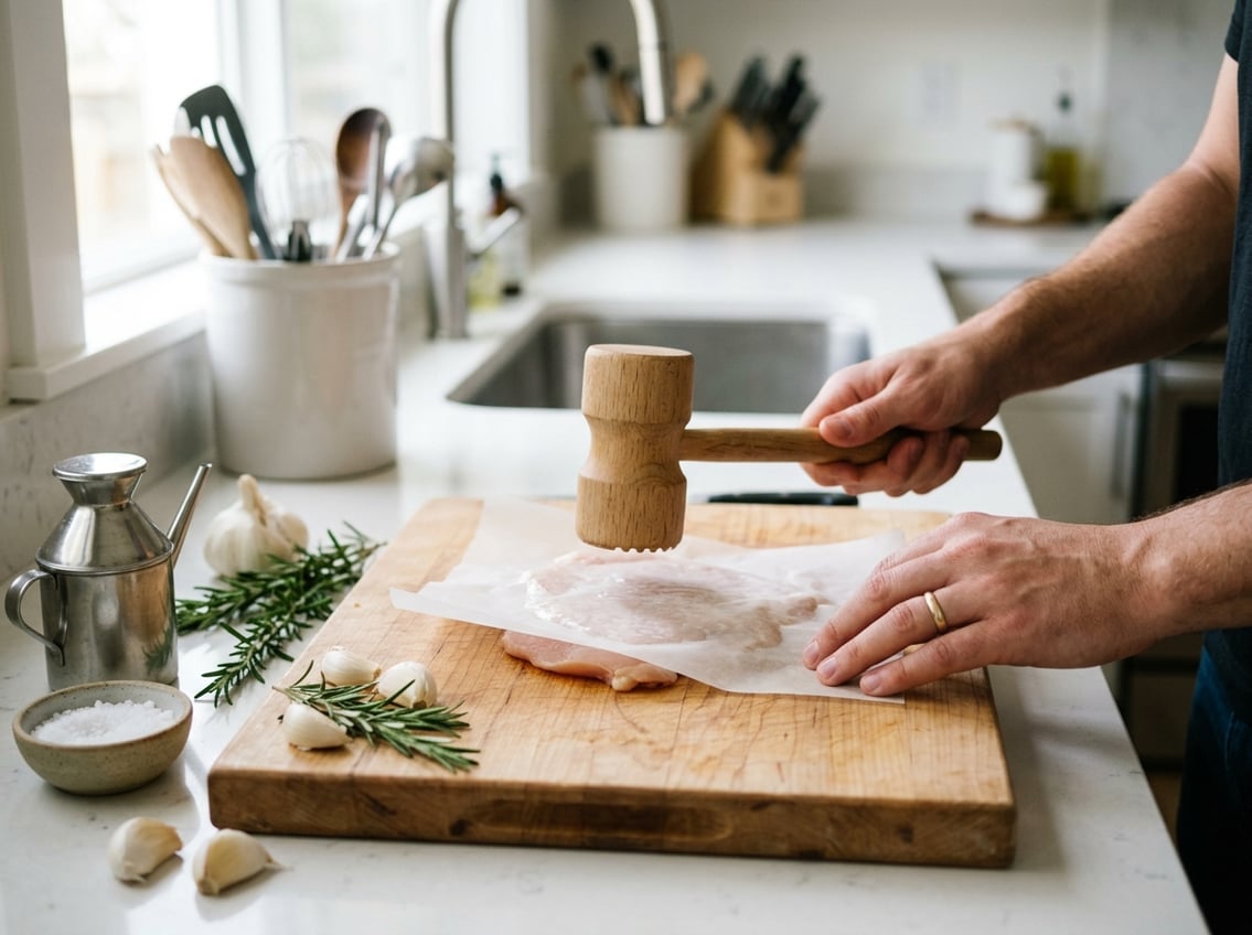 Hands flattening a raw chicken breast on a wooden cutting board with fresh herbs and garlic nearby in a kitchen setting.