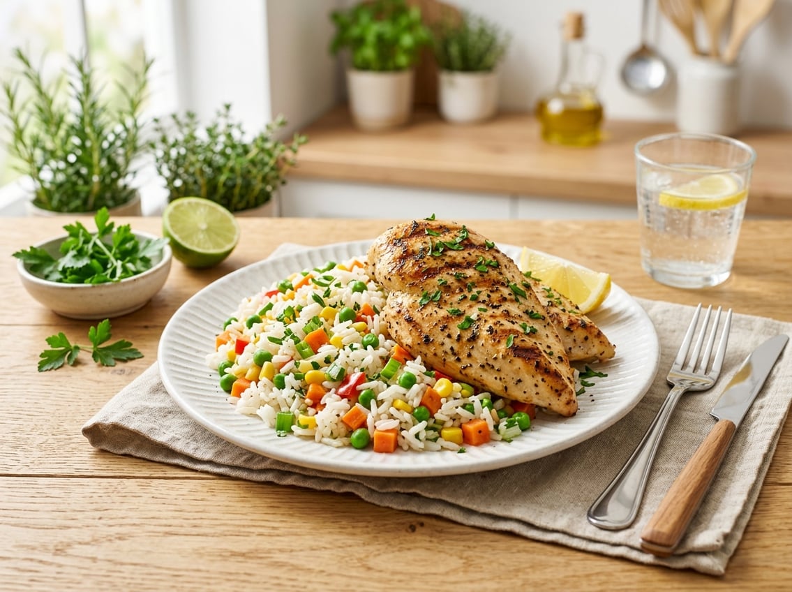 A plated meal of grilled chicken breast served with rice and mixed vegetables on a white plate on a dining table.