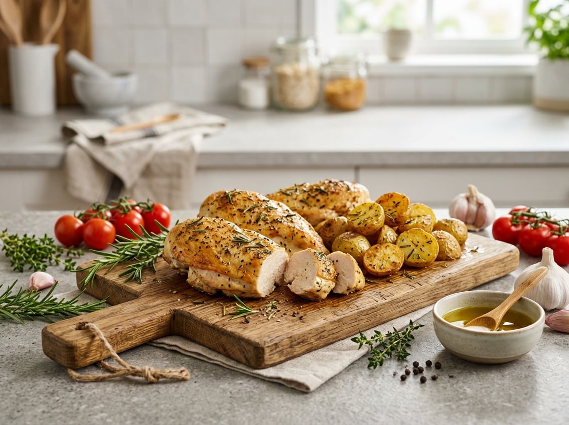 A cutting board with cooked chicken breasts and roasted potatoes surrounded by fresh herbs and vegetables on a kitchen countertop.