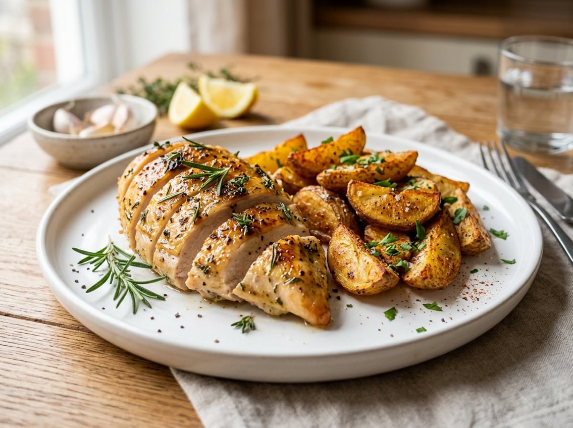 A plate of roasted chicken breast with crispy roasted potato wedges garnished with fresh herbs on a wooden table.
