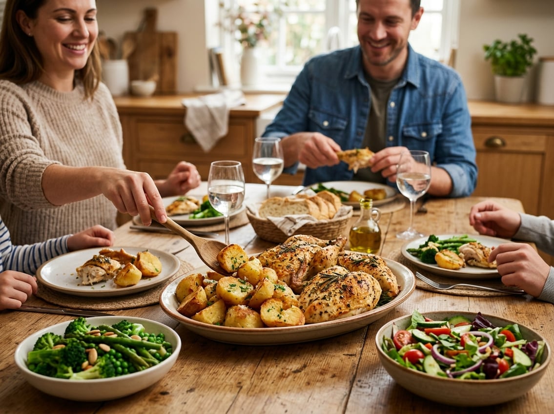 A serving platter with roasted chicken breasts and crispy potatoes on a wooden dining table, surrounded by side dishes in a cozy home setting.