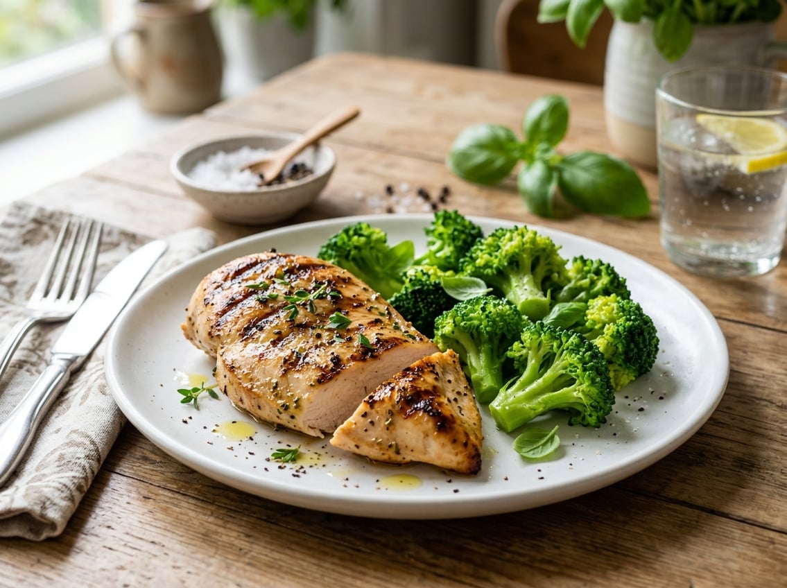 A plate with grilled chicken breast and steamed broccoli on a wooden table with kitchen items in the background.