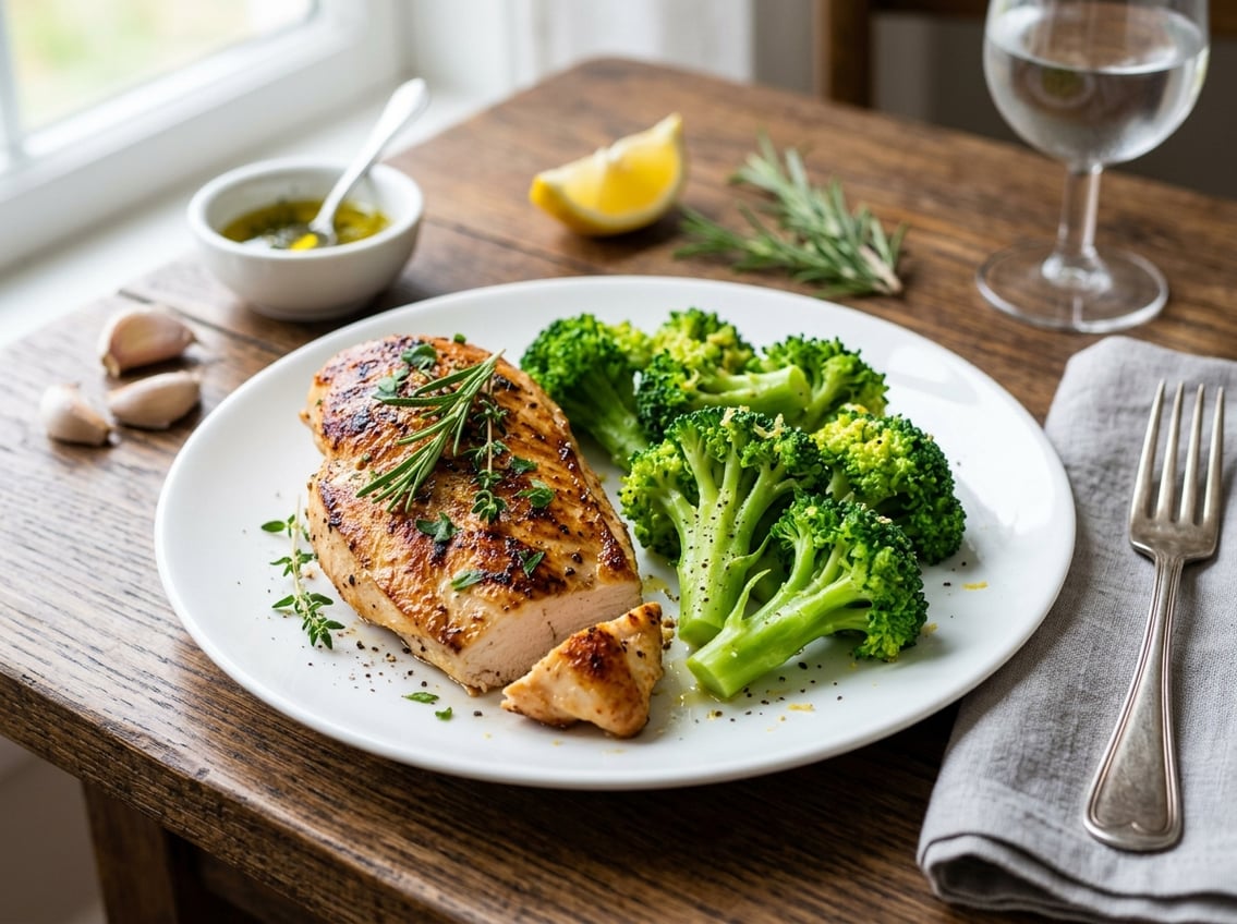 A plated serving of cooked chicken breast with steamed broccoli on a wooden table with fresh herbs and a small bowl of sauce in the background.