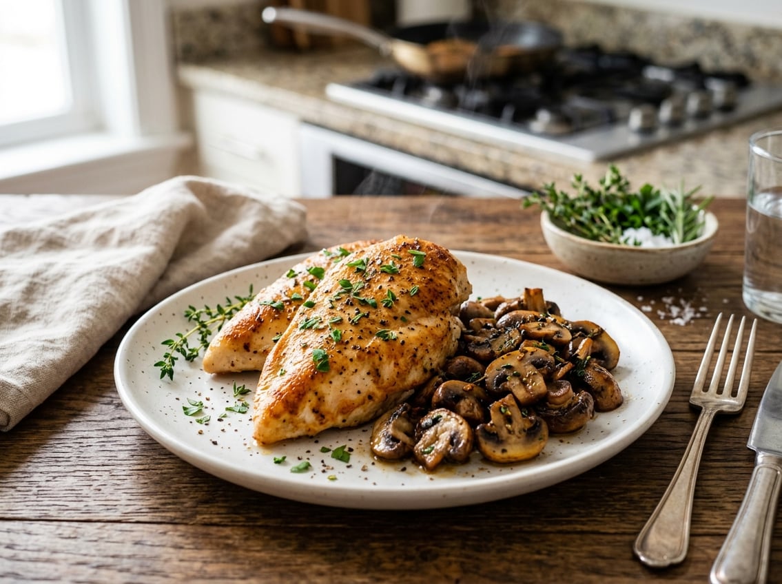 A plated dish of cooked chicken breasts served with sautéed mushrooms on a white plate on a wooden table.