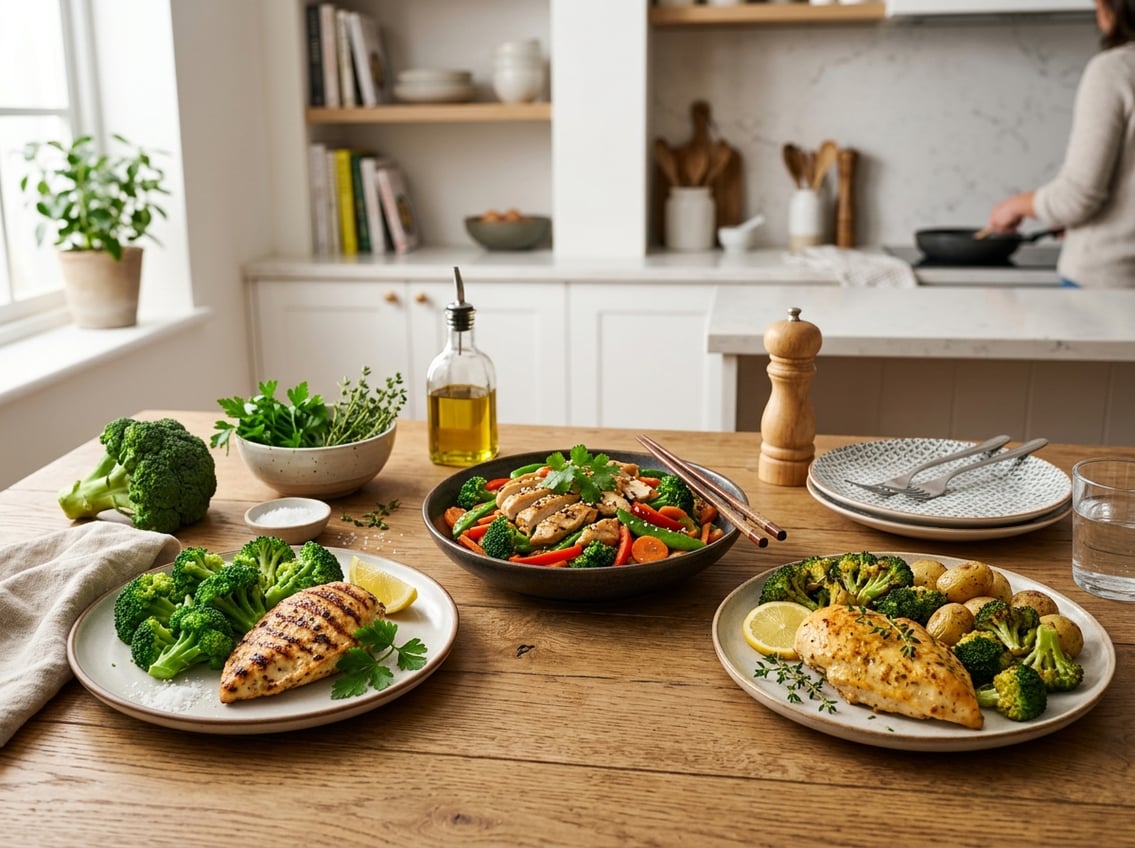 A dining table with several plates of chicken breast and broccoli dishes arranged alongside fresh broccoli and lemon wedges in a kitchen setting.