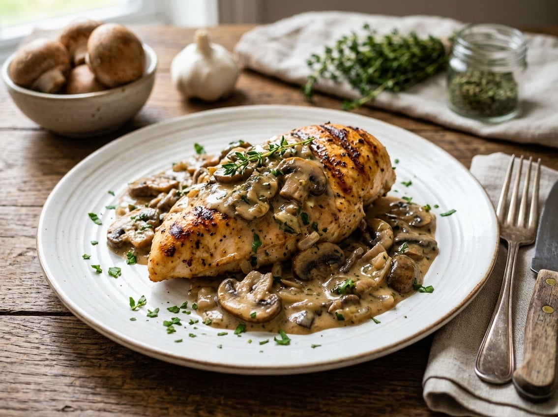 A plate of cooked chicken breast topped with mushroom sauce and garnished with fresh herbs on a wooden table.