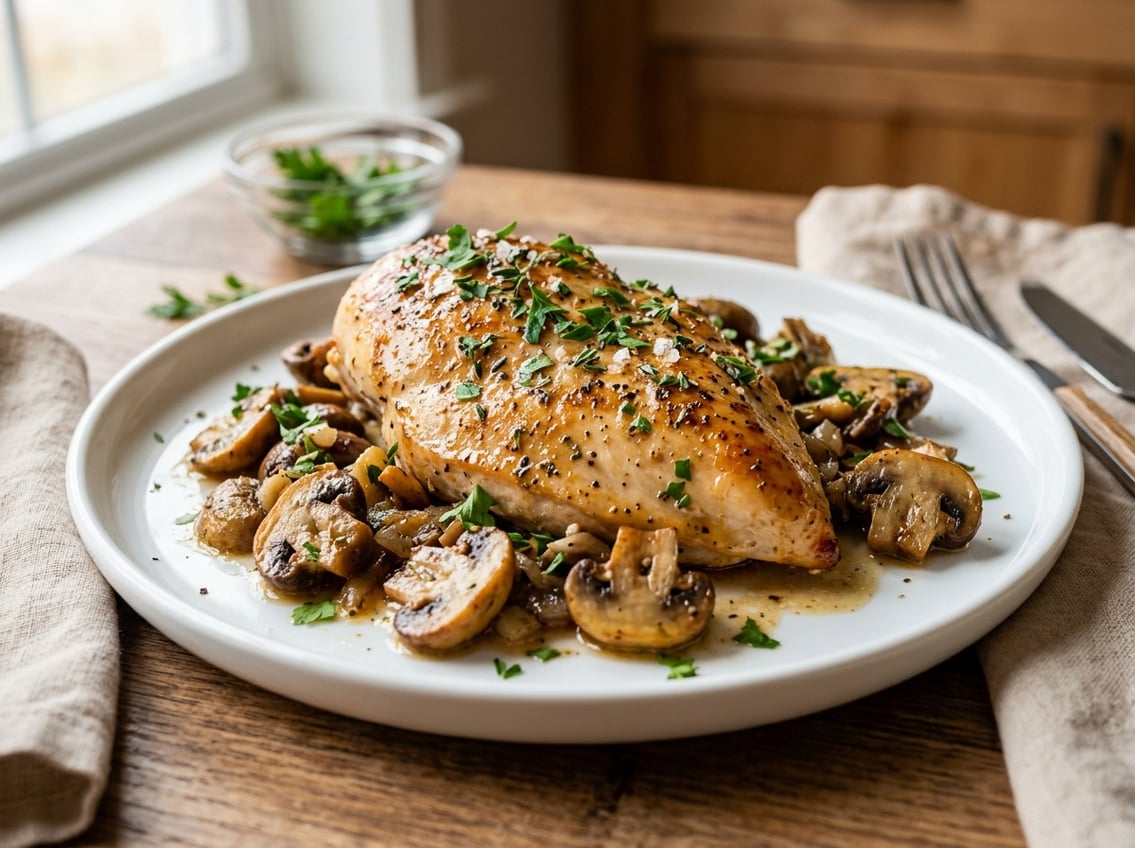 A plate of cooked chicken breast with sautéed mushrooms and fresh herbs on a kitchen countertop.