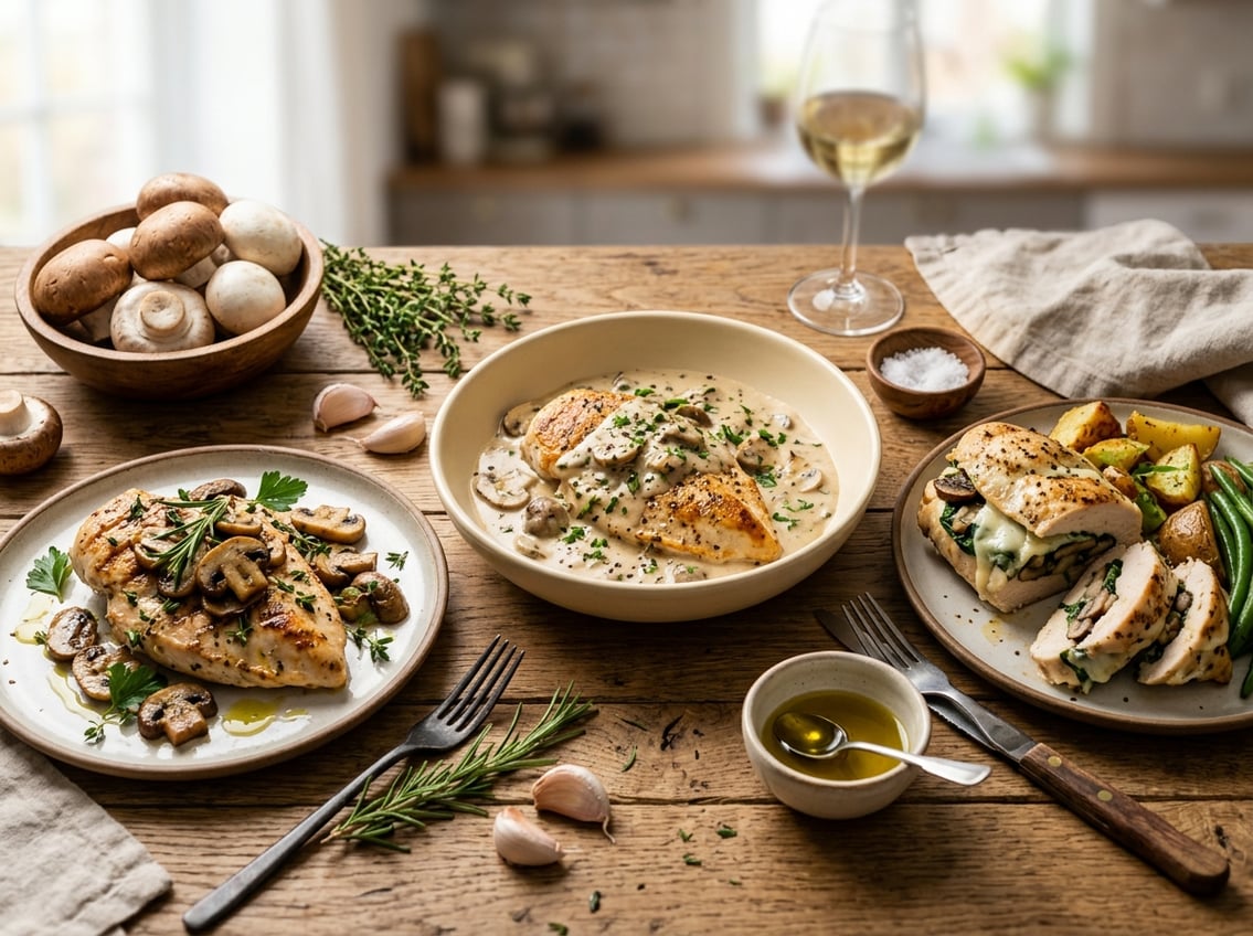 Various cooked chicken breast and mushroom dishes displayed on plates with fresh ingredients on a wooden table.