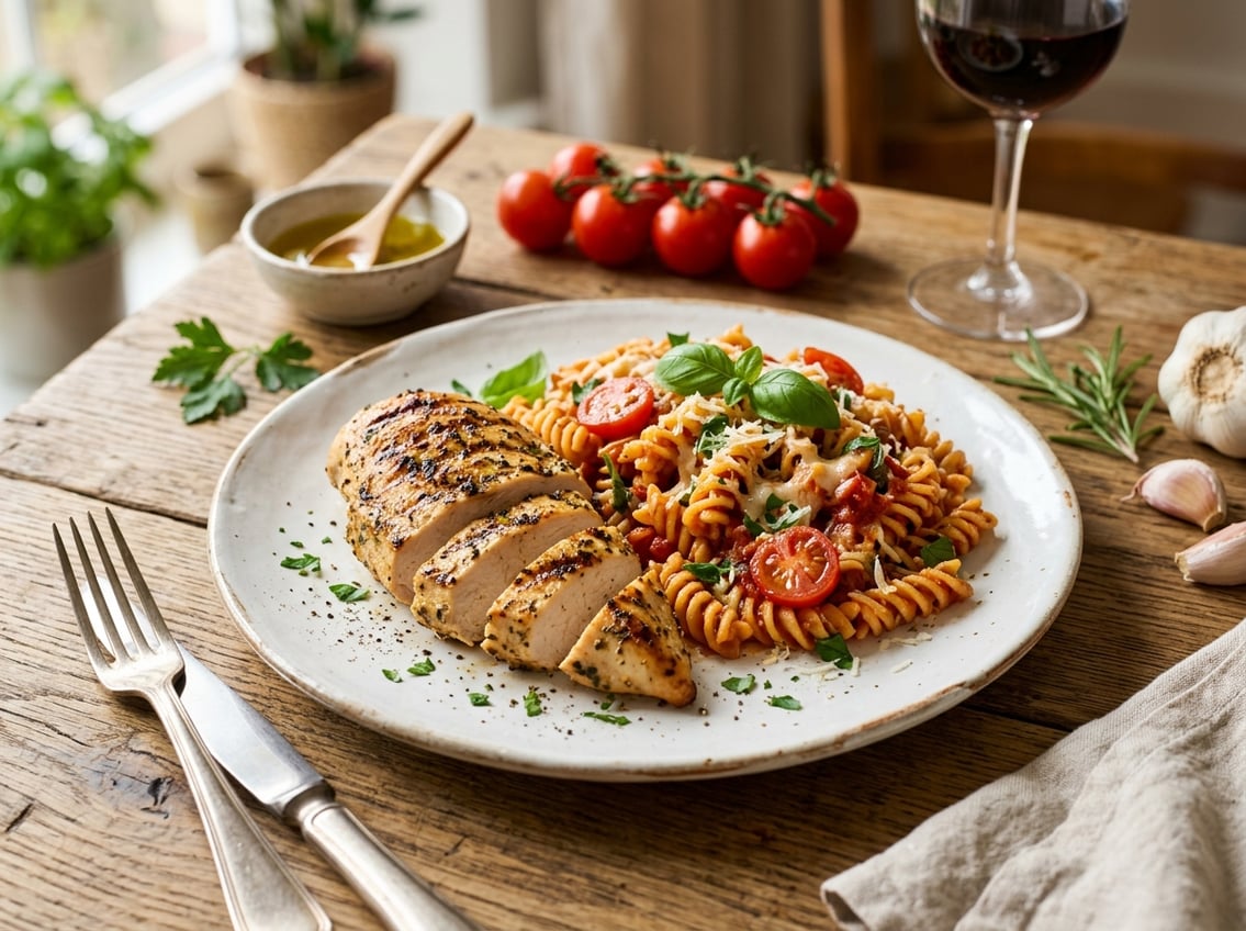 A plate with sliced cooked chicken breast and pasta garnished with fresh herbs on a wooden table with fresh ingredients nearby.