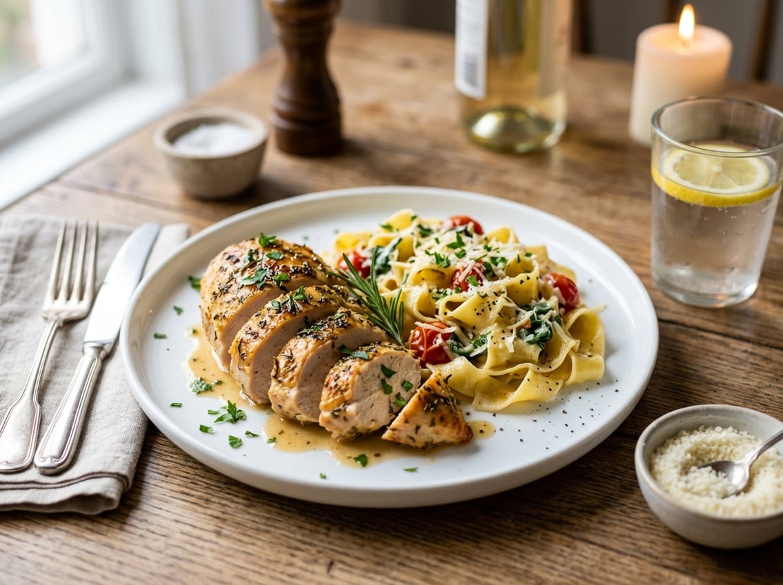 A plated meal of sliced cooked chicken breast served alongside pasta garnished with fresh herbs on a wooden table.