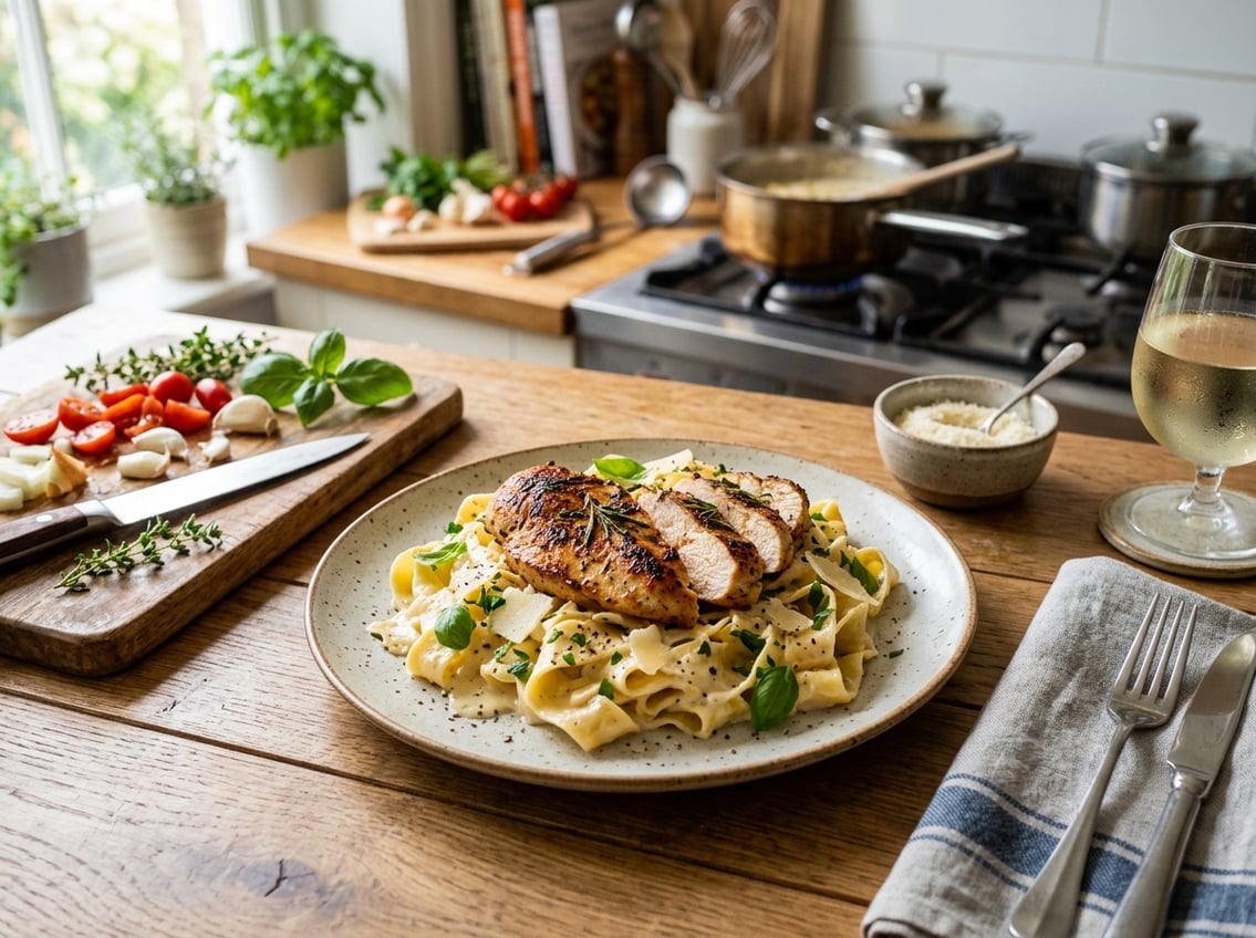 A plated meal of chicken breast served with creamy pasta garnished with fresh herbs on a wooden table with kitchen utensils and ingredients in the background.