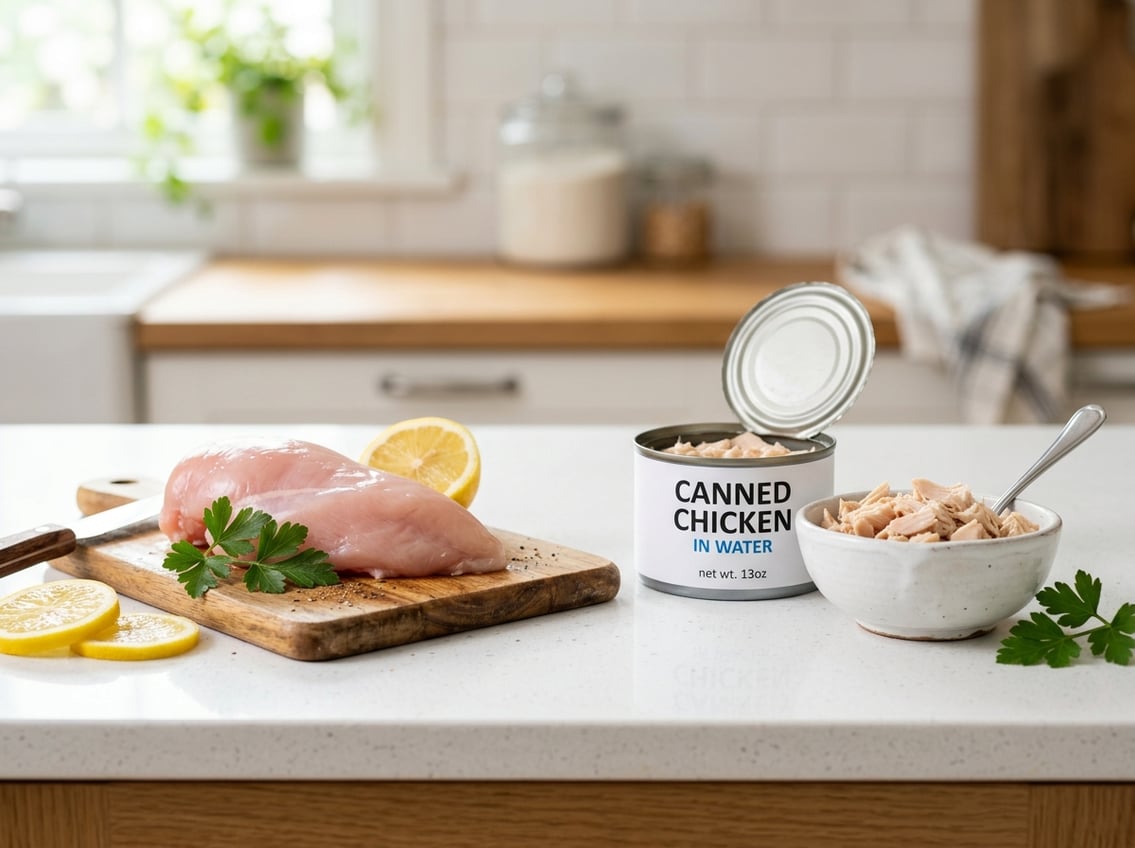 Fresh raw chicken breast on a cutting board next to an open can and bowl of shredded canned chicken on a kitchen countertop.