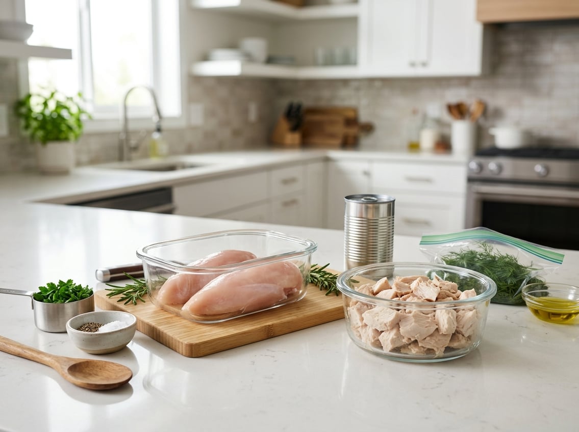A kitchen countertop displaying fresh raw chicken breasts next to an opened can of chicken chunks with kitchen utensils and fresh herbs nearby.