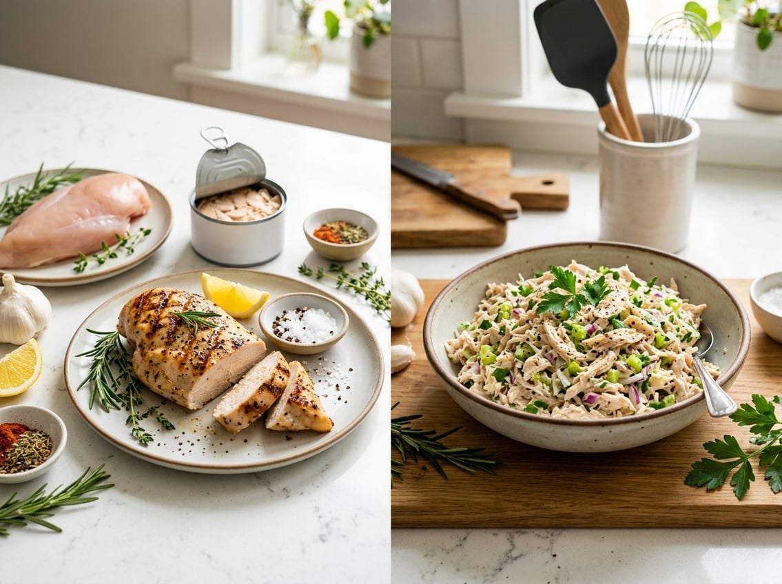 Two dishes on a kitchen countertop: sliced grilled chicken breast on a plate and a bowl of shredded canned chicken salad with fresh ingredients around them.