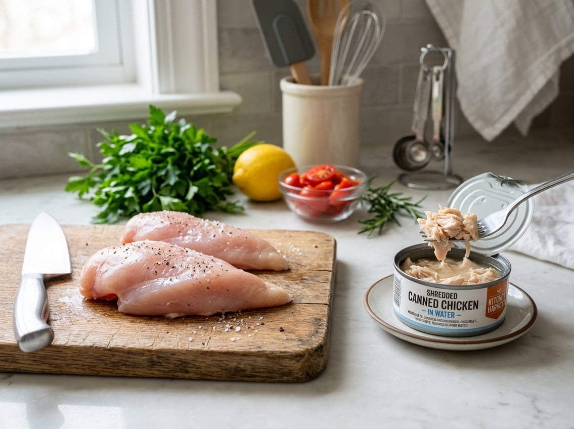 A kitchen countertop displaying fresh raw chicken breasts on a cutting board next to an open can of shredded canned chicken with a fork.