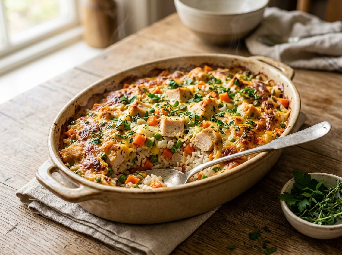 A freshly baked chicken breast and rice casserole in a ceramic dish on a wooden table with steam rising from it.