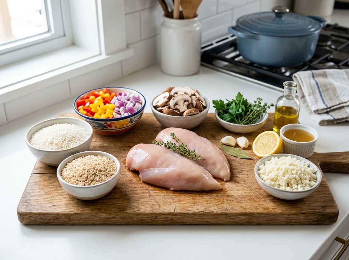 Fresh raw chicken breasts, uncooked rice, and chopped vegetables arranged on a kitchen countertop.