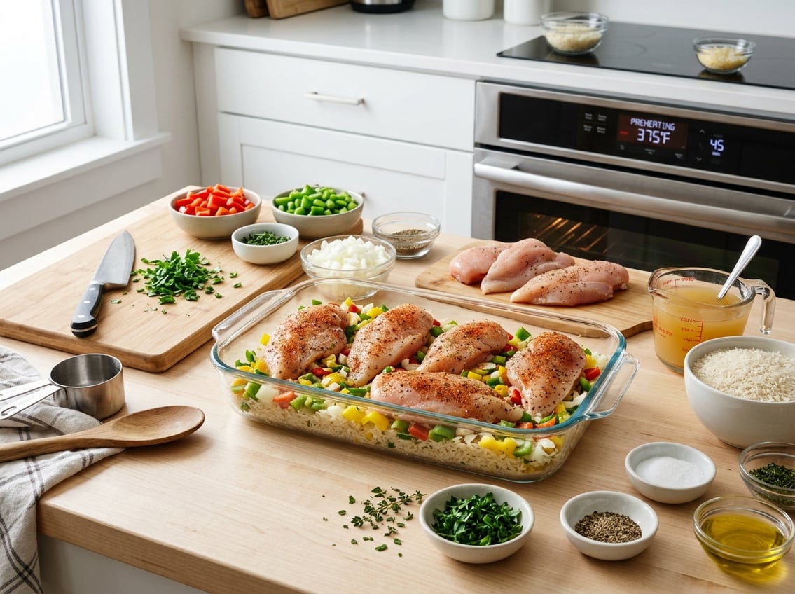 A kitchen countertop with ingredients and tools for preparing a chicken breast and rice casserole, showing the dish being assembled in a glass casserole dish.