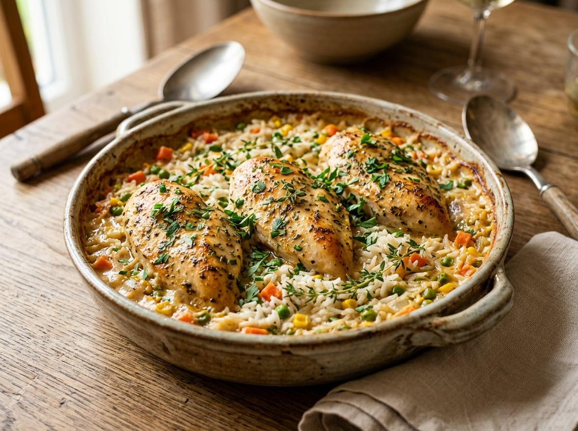 A baked chicken breast and rice casserole in a ceramic dish on a wooden table with fresh herb garnish.