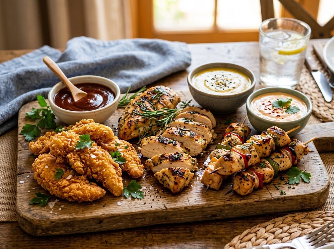 An assortment of cooked chicken breast snacks including grilled slices, tenders, and skewers with dipping sauces on a wooden board.