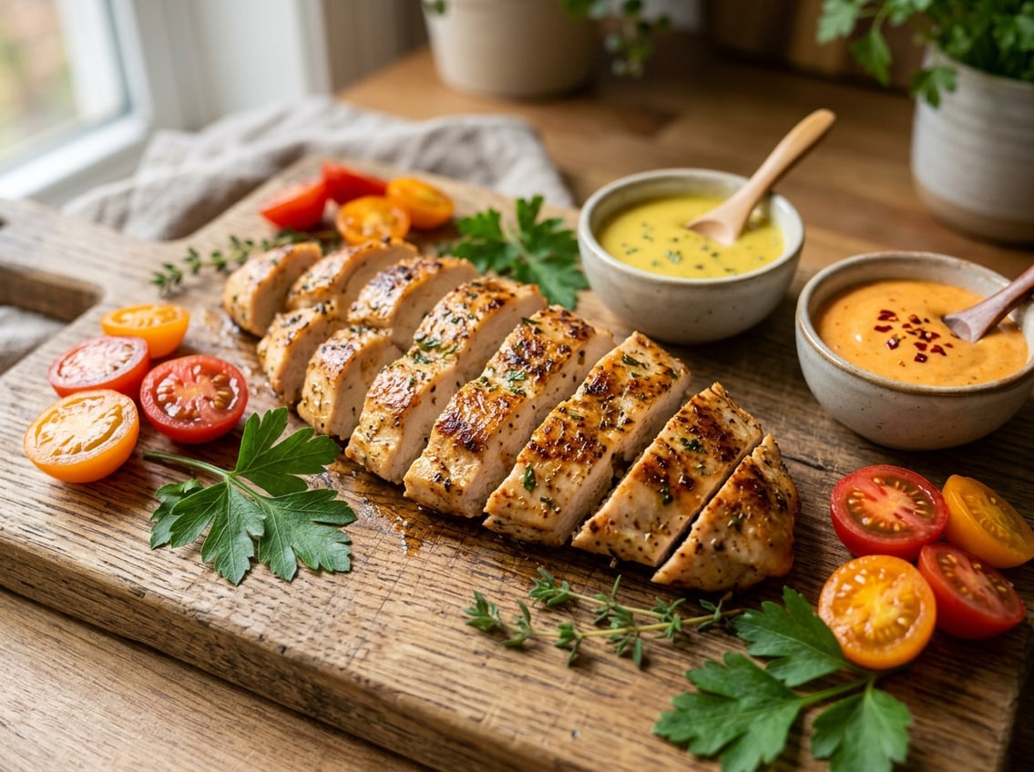 Close-up of sliced cooked chicken breast on a wooden board with cherry tomatoes, herbs, and dipping sauces.