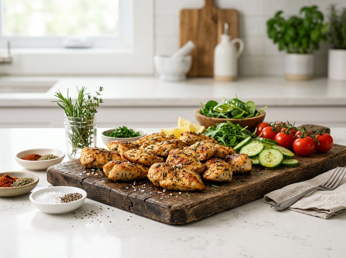 A serving board with seasoned cooked chicken breast snacks surrounded by small bowls of spices and fresh vegetables on a kitchen countertop.