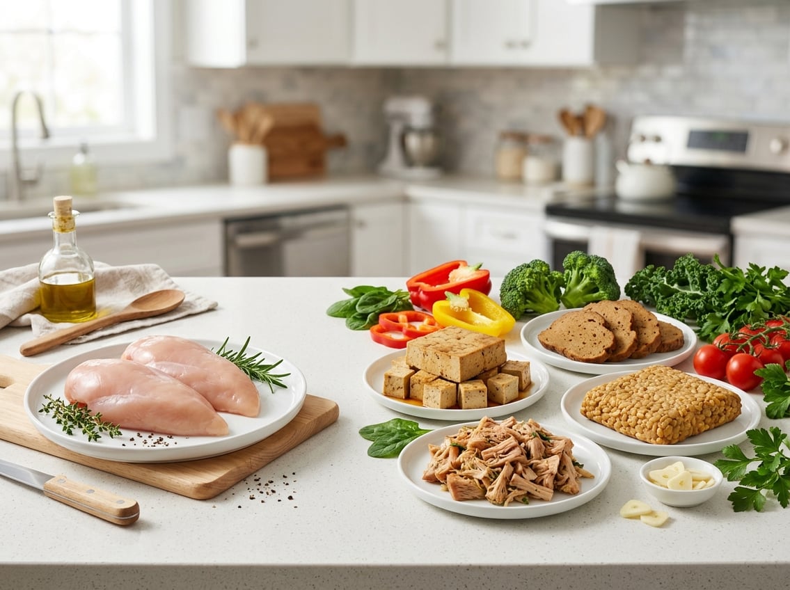 Fresh raw chicken breasts and various plant-based alternatives like tofu, tempeh, seitan, and jackfruit arranged on plates on a kitchen countertop with fresh vegetables nearby.