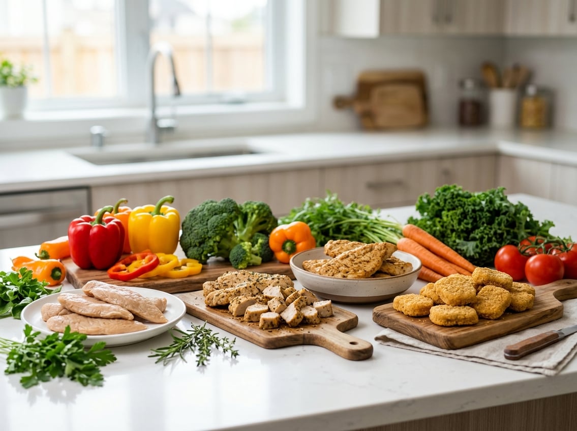 An assortment of vegetarian chicken breast alternatives displayed on a kitchen countertop with fresh vegetables around them.
