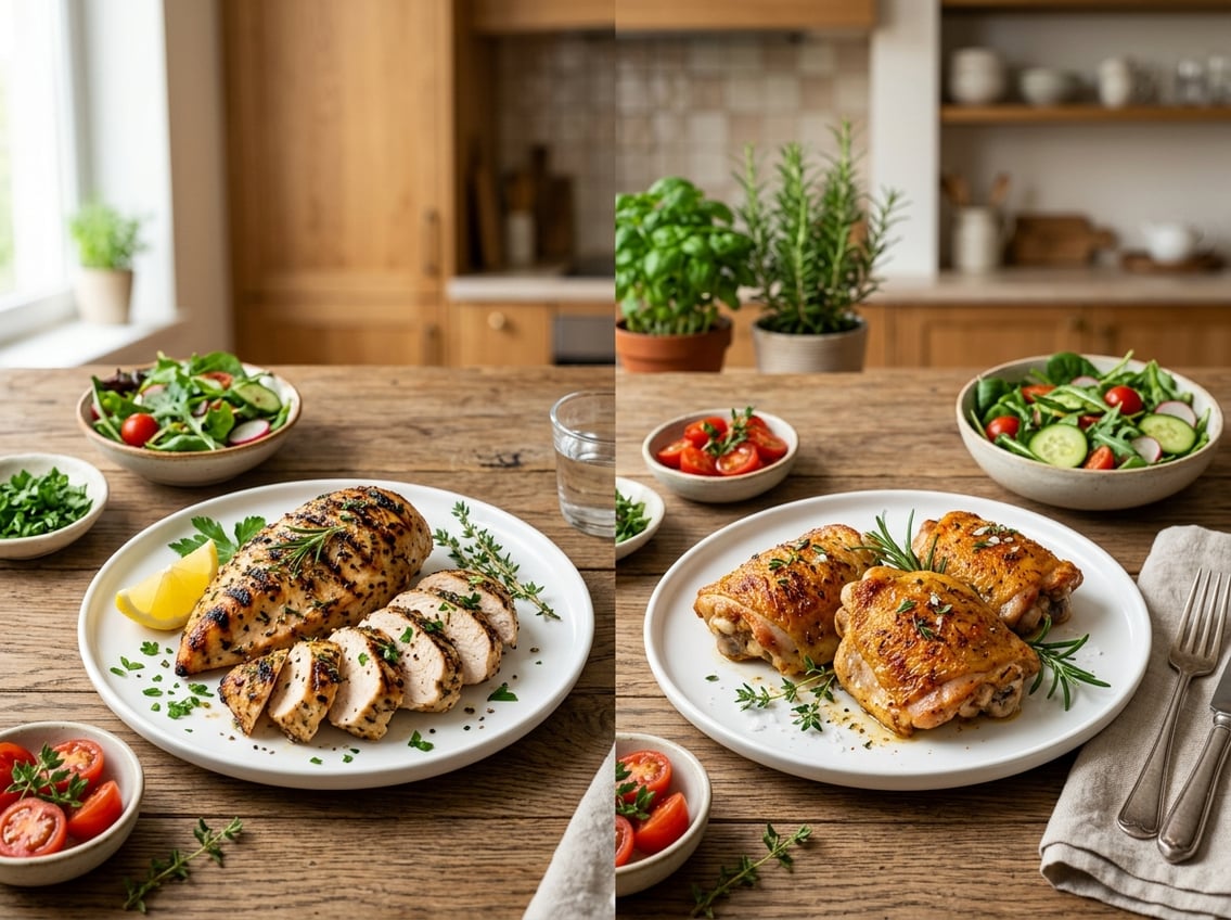 Two plates on a wooden table with grilled chicken breast on one and roasted chicken thighs on the other, surrounded by fresh vegetables.