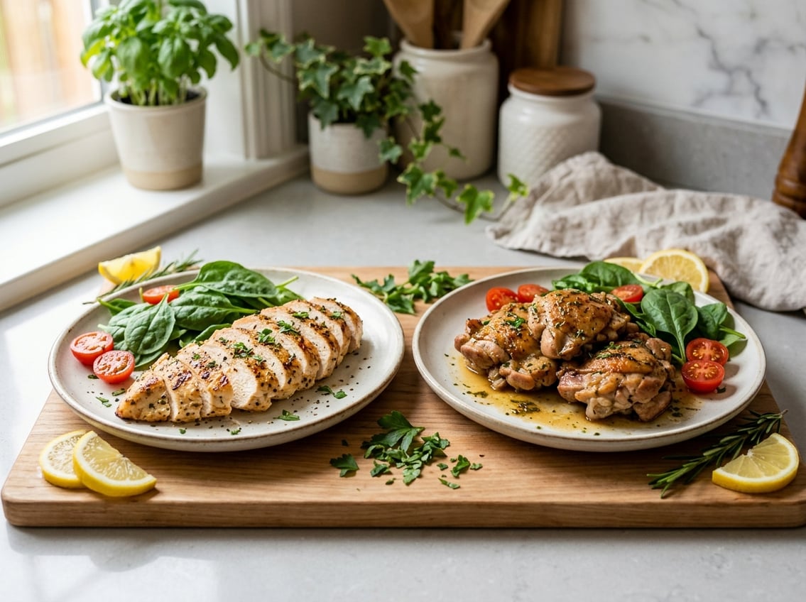 Two plates on a kitchen countertop, one with grilled chicken breast slices and the other with cooked chicken thigh pieces, surrounded by fresh vegetables.