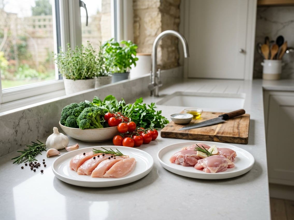 Raw chicken breast and thigh pieces on white plates surrounded by fresh vegetables and herbs on a kitchen countertop.
